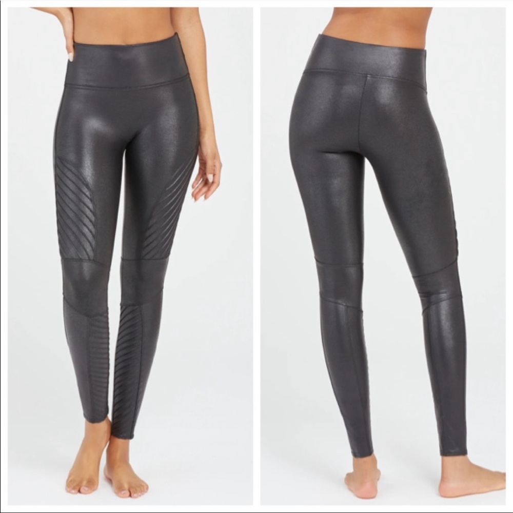SPANX Faux Leather Moto Leggings in Black SZ L EUC